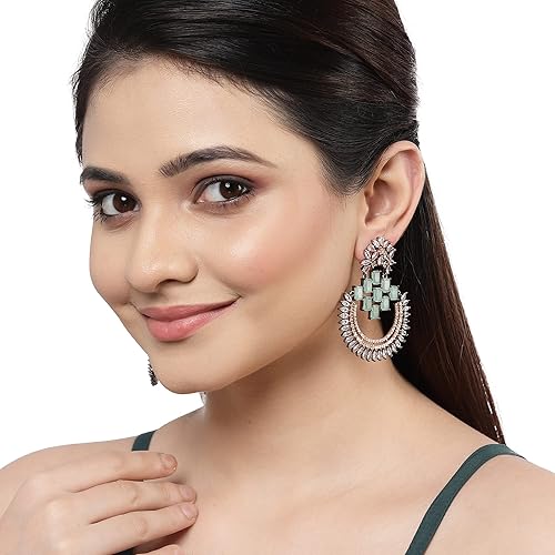 LukGud American Diamond Studded Rhodium-Plated Chandbalis Earrings