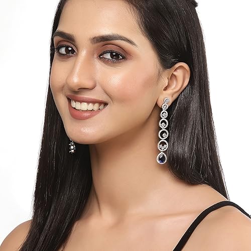 LukGud Oxidised Silver-Plated American Diamond studded Circular Shaped Drop Earrings for Girls and Women