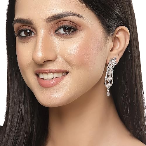 LuKGud Oxidised Silver-Plated American Diamond studded Crescent Drop Earrings for Girls and Women