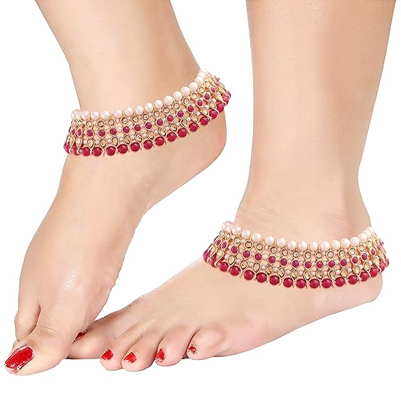 LukGud Alloy Gold Plated Kundan Pearl Payal Anklet for Women