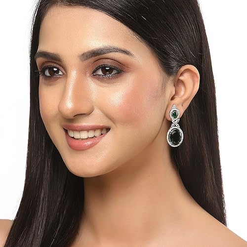 LukGud Oxidised Silver-Plated American Diamond studded Oval Shaped Drop Earrings Jewellery For Girls and Women