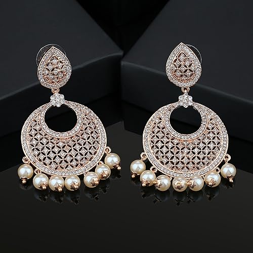 LukGud Jewellery Rose Gold Plated CZ Attractive Designer Drop Earrings with Pearls for Girls and Women