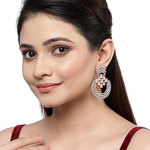 LukGud American Diamond Studded Rhodium-Plated Chandbalis Earrings