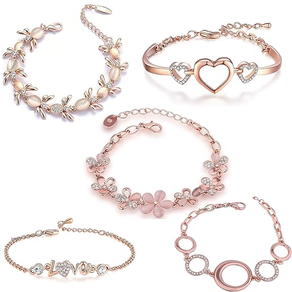 LukGud Rose Gold Plated Jewellery Combo Of 5 Adjustable Chain Bangle Bracelet for Girls & Women