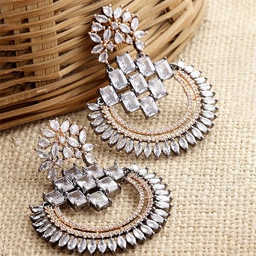 LukGud American Diamond Studded Rhodium-Plated Chandbalis Earrings