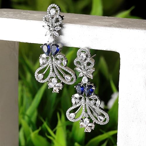 LukGud Rhodium-Plated American Diamond Studded Paisley Shaped Drop Earrings For Girls and Women