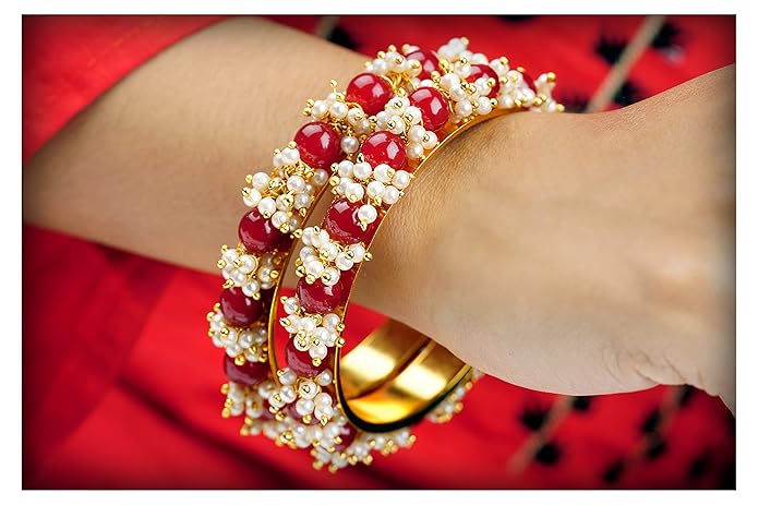 LukGud Less Fashion Gold Plated Cluster Pearl Beads Bangle Set for Women and Girls (Set of 2)