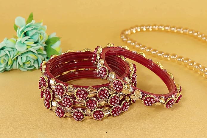 LukGud Bangles Kada Set with Golden Zircon Diamond and Beads For Women & Girls