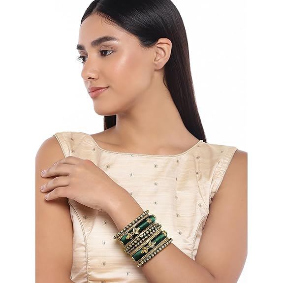 LukGud Kundan Studded Silk Thread Bangles Set