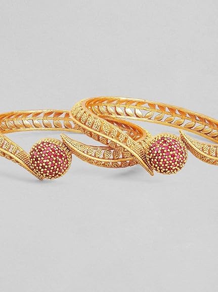 LukGud Set of 2 Gold Plated Ruby Studded Traditional Bangles for Women & Girls