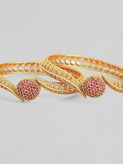 LukGud Set of 2 Gold Plated Ruby Studded Traditional Bangles for Women & Girls