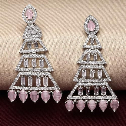 LukGud Oxidised Silver-Plated American Diamond studded Triangular Shaped Drop Earrings for Girls and Women