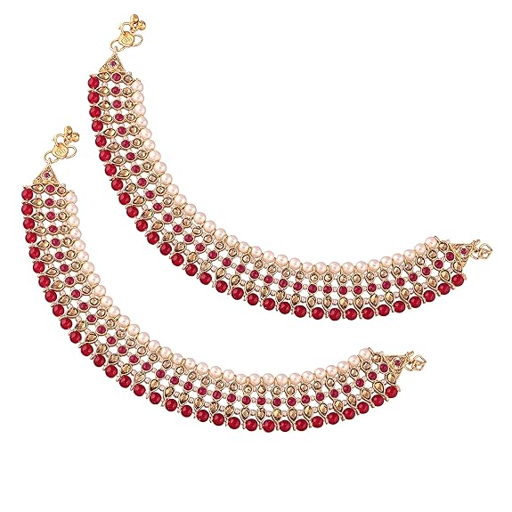 LukGud Alloy Gold Plated Kundan Pearl Payal Anklet for Women