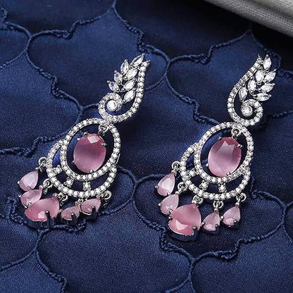 LukGud Rhodium-Plated American Diamond Studded Oval & Leaf Shaped Drop Earrings For Girls and Women