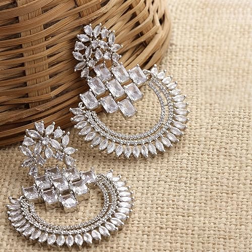 LukGud American Diamond Studded Rhodium-Plated Chandbalis Earrings