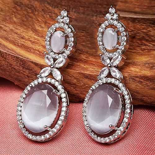 LukGud Oxidised Silver-Plated American Diamond studded Oval Shaped Drop Earrings Jewellery For Girls and Women