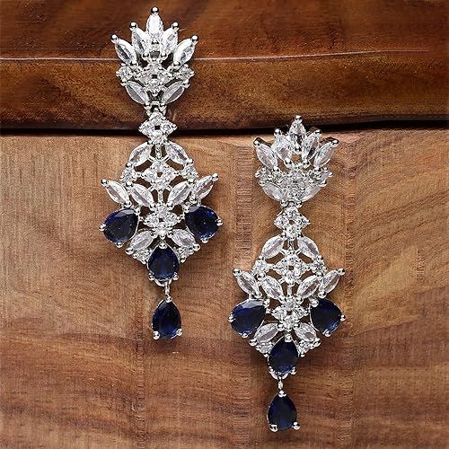 LukGud Oxidised Silver-Plated American Diamond studded Spiked Shaped Drop Earrings for Girls and Women