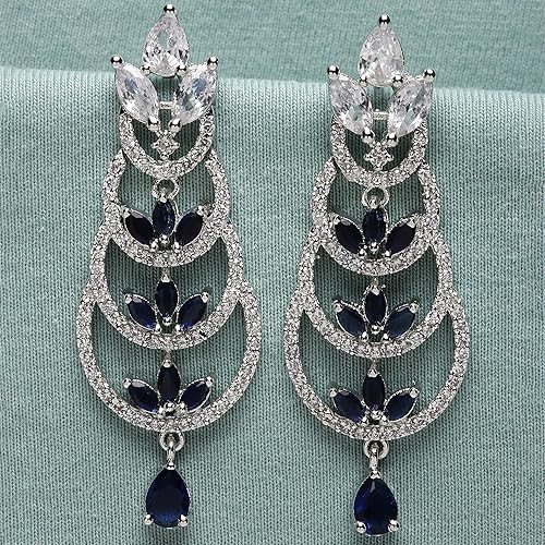 LuKGud Oxidised Silver-Plated American Diamond studded Crescent Drop Earrings for Girls and Women