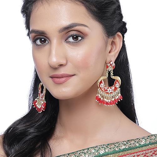 LukGud Gold-Plated Kundan & Pearls studded Peacock Shaped Handcrafted Drop Earrings