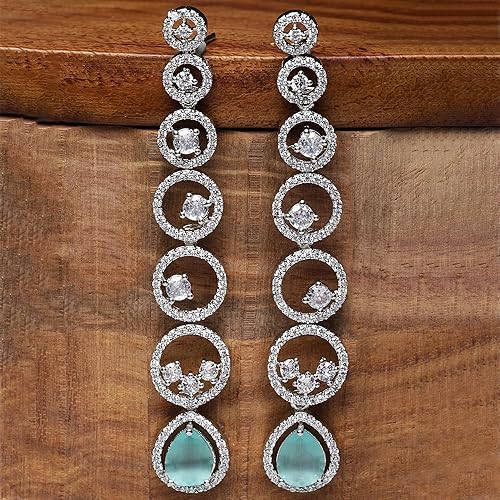 LukGud Oxidised Silver-Plated American Diamond studded Circular Shaped Drop Earrings for Girls and Women