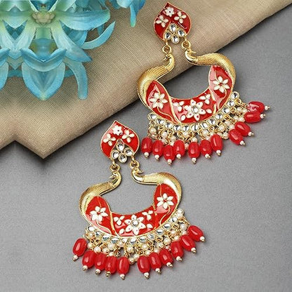 LukGud Gold-Plated Kundan & Pearls studded Peacock Shaped Handcrafted Drop Earrings