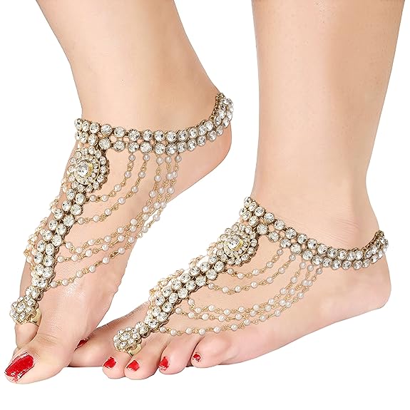 LukGud Gold Plated Traditional Kundan Payal Anklets For Women