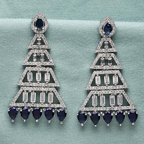 LukGud Oxidised Silver-Plated American Diamond studded Triangular Shaped Drop Earrings for Girls and Women