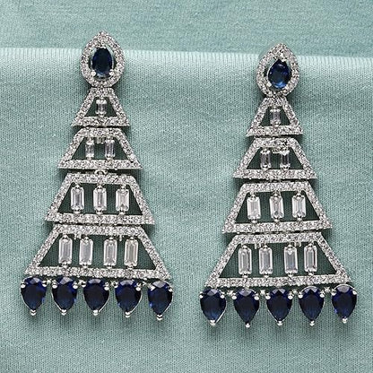 LukGud Oxidised Silver-Plated American Diamond studded Triangular Shaped Drop Earrings for Girls and Women