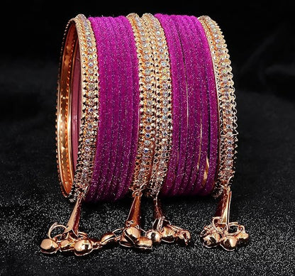 LukGud Velvet Studded Bells Latkan Bangles Set For Girls and Women -  Pack of 16 Bangles