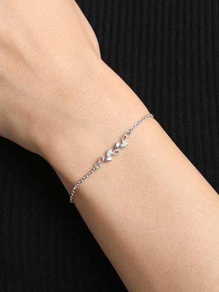 LukGud Silver Leaf Bracelet, Adjustable, Rhodium Plated, Swiss Zirconia for Women and Girls