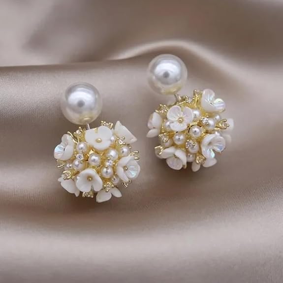 LukGud Shell Resin Delicate Pearl Flower Zircon Earrings