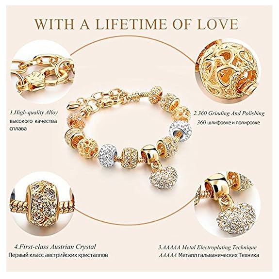 LukGud Silver Rosegold Plated Crystal Pandora Charm Bracelet for Women and Girls