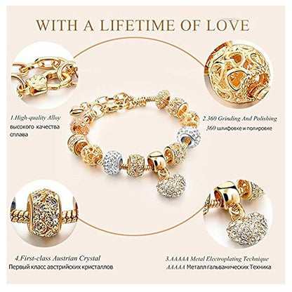 LukGud Silver Rosegold Plated Crystal Pandora Charm Bracelet for Women and Girls