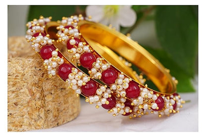 LukGud Less Fashion Gold Plated Cluster Pearl Beads Bangle Set for Women and Girls (Set of 2)