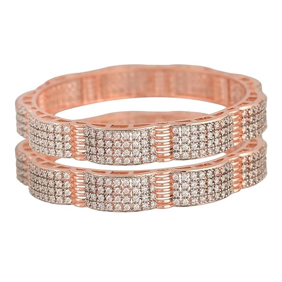 LukGud Rose Gold Plated Traditional Round White Kada Bangles Set for Women/Girls