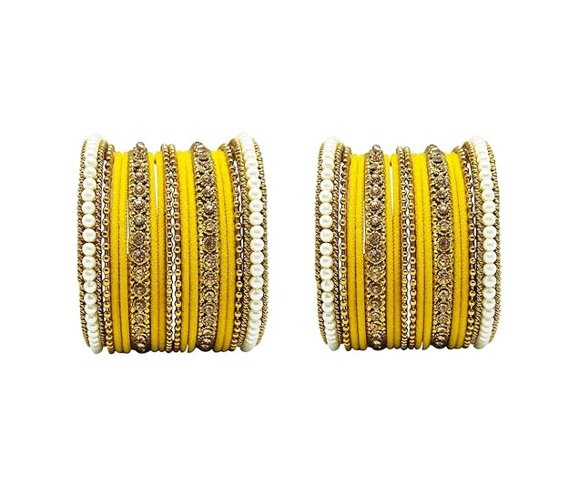 LukGud Traditional fabric stone metal bangles set for women and girls.