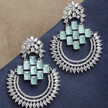 LukGud American Diamond Studded Rhodium-Plated Chandbalis Earrings