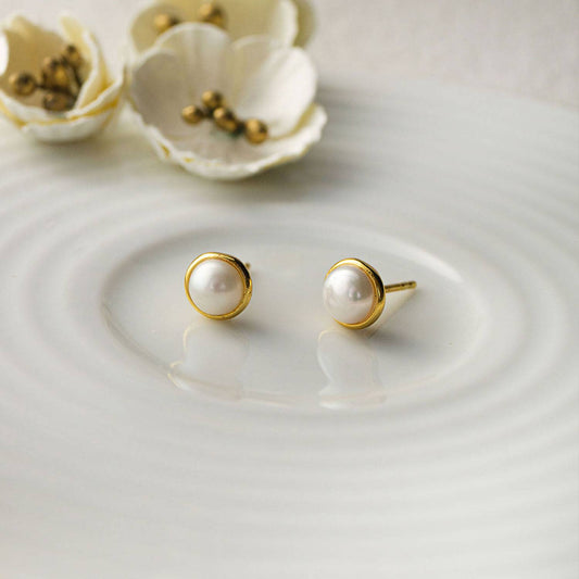 LukGud Dainty Fresh Water Pearl Gold Plated Sterling Silver Stud Earrings