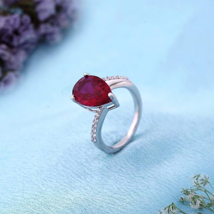 LukGud Silver Solitaire Red Ruby Ring For Women (Adjustable)