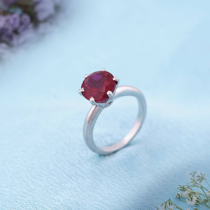 LukGud Silver Solitaire Red Ruby Ring (Adjustable)