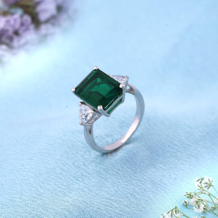 LukGud Silver Green Emerald Three Stone Ring (Adjustable)