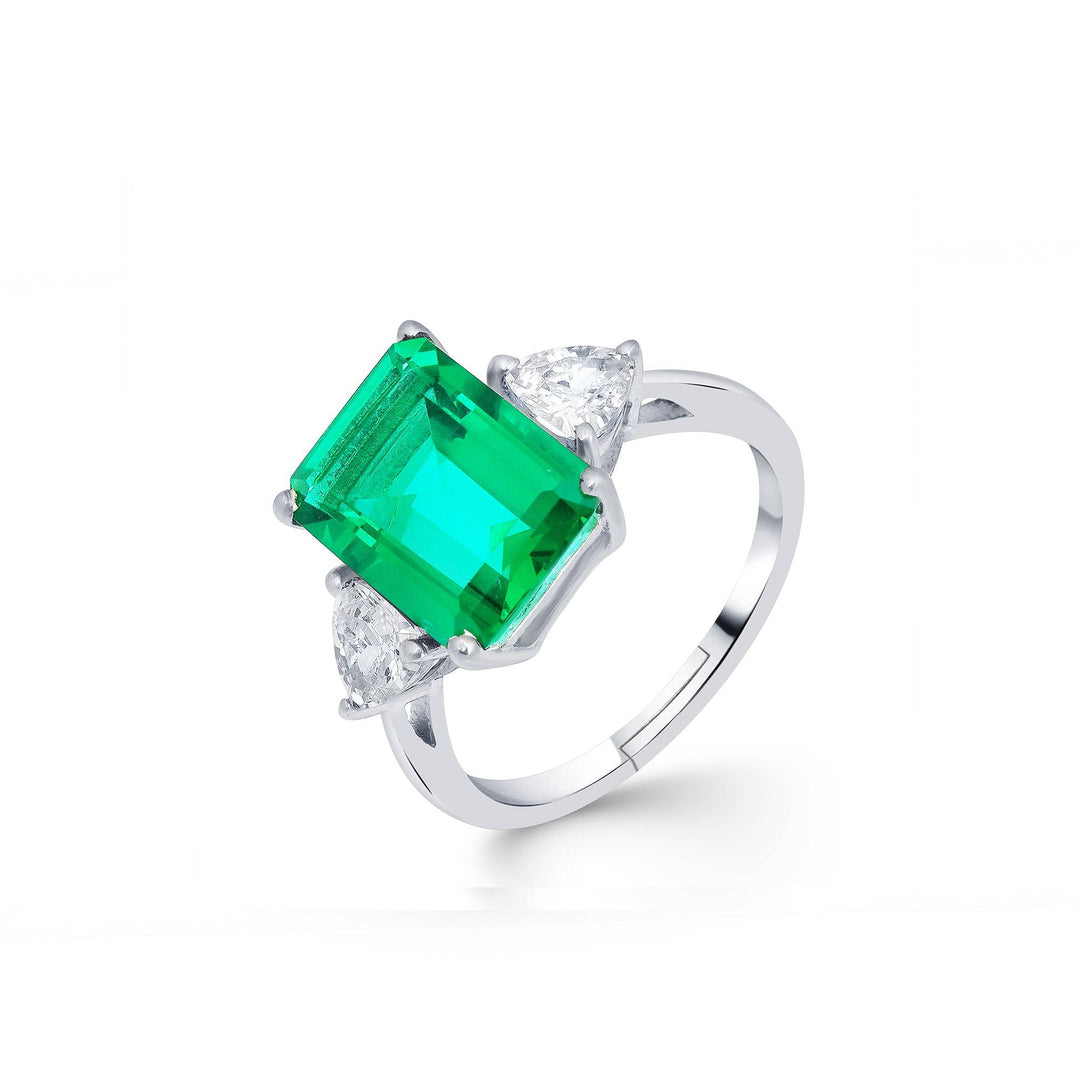 LukGud Silver Green Emerald Three Stone Ring (Adjustable)