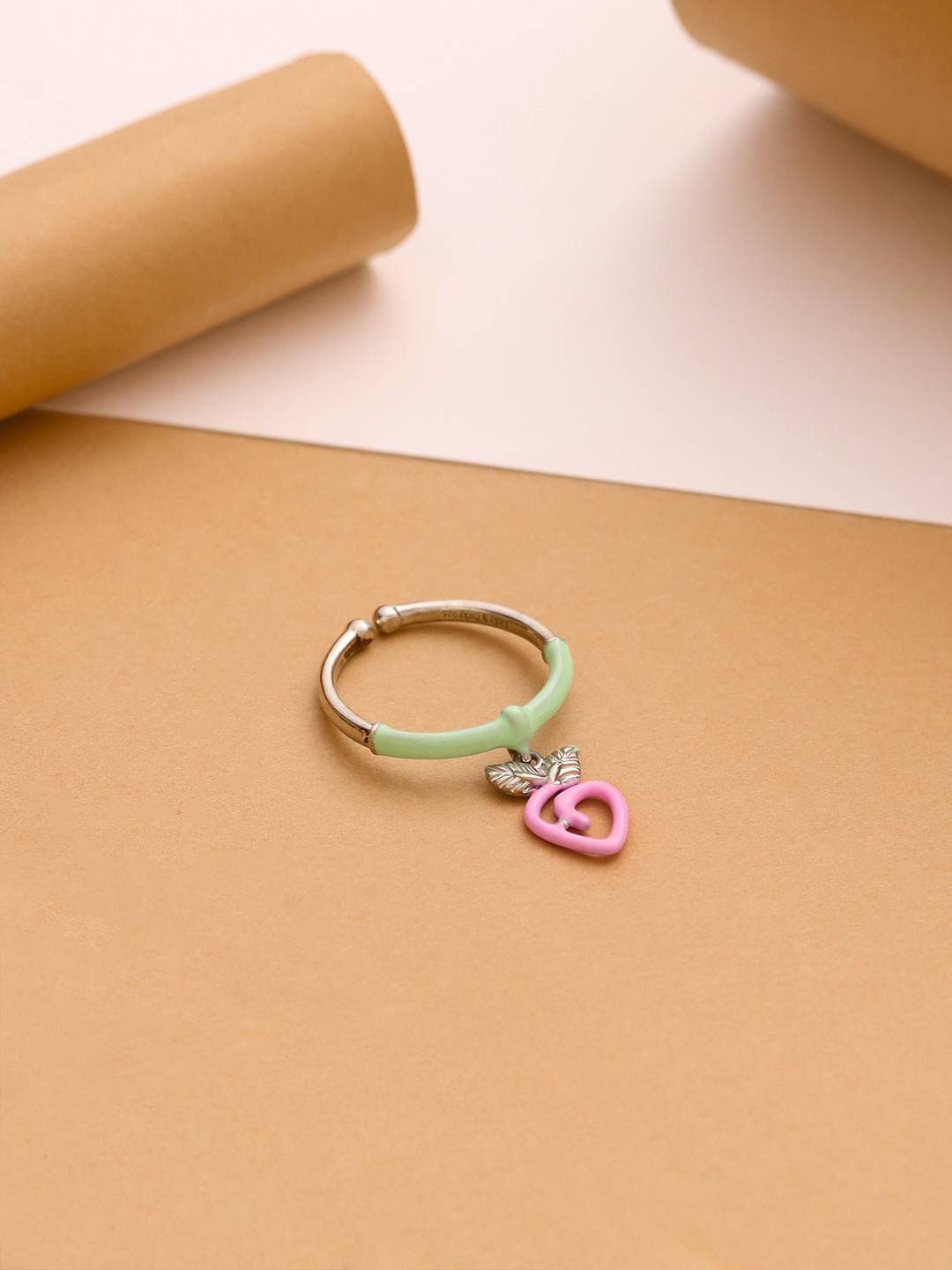 LukGud Silver Pink And Green Enamel Strawberry Adjustable Ring (Adjustable)