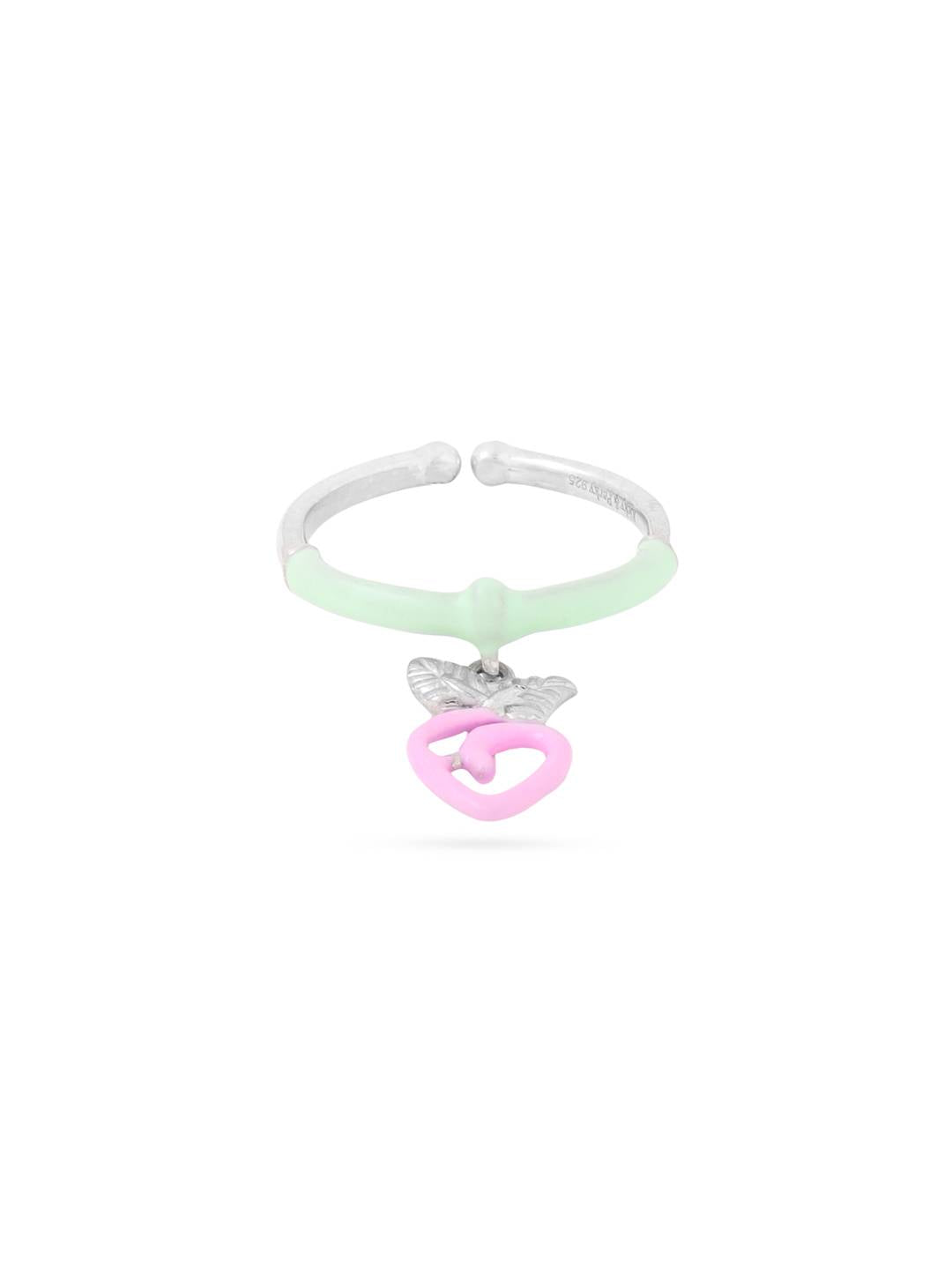 LukGud Silver Pink And Green Enamel Strawberry Adjustable Ring (Adjustable)