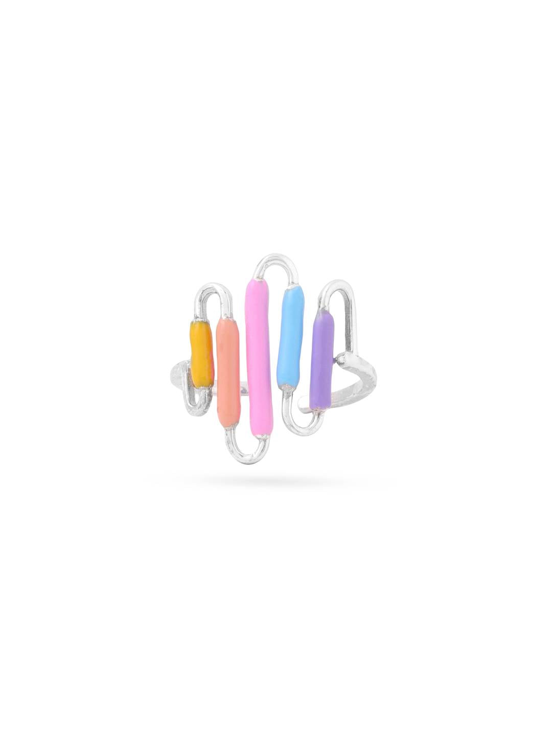 LukGud Silver Multicolor Enamel Abstract Adjustable Ring (Adjustable)